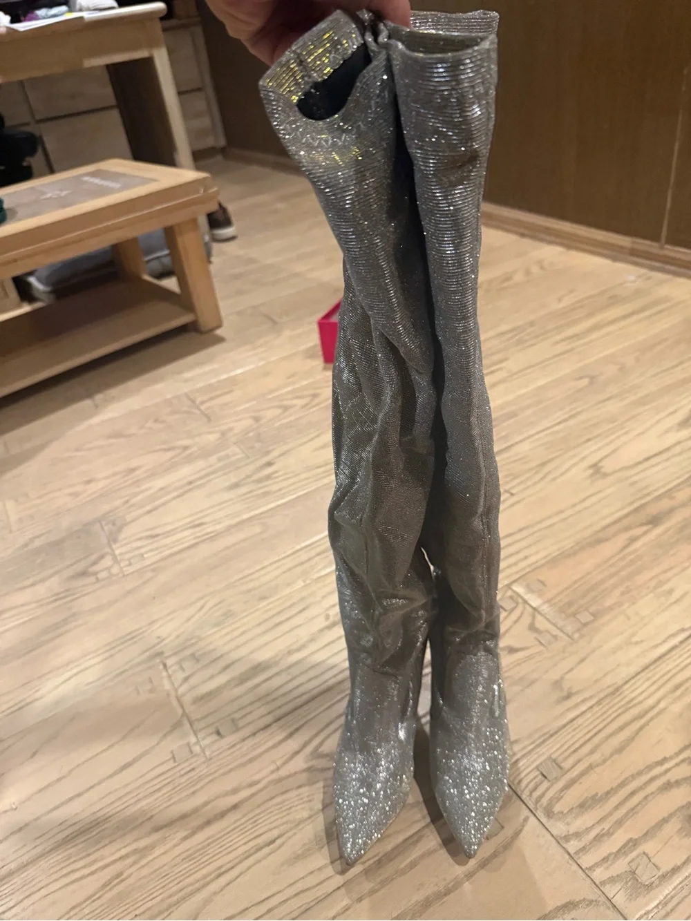 Silver Glitter Over-the-Knee Stiletto Boots - Women's